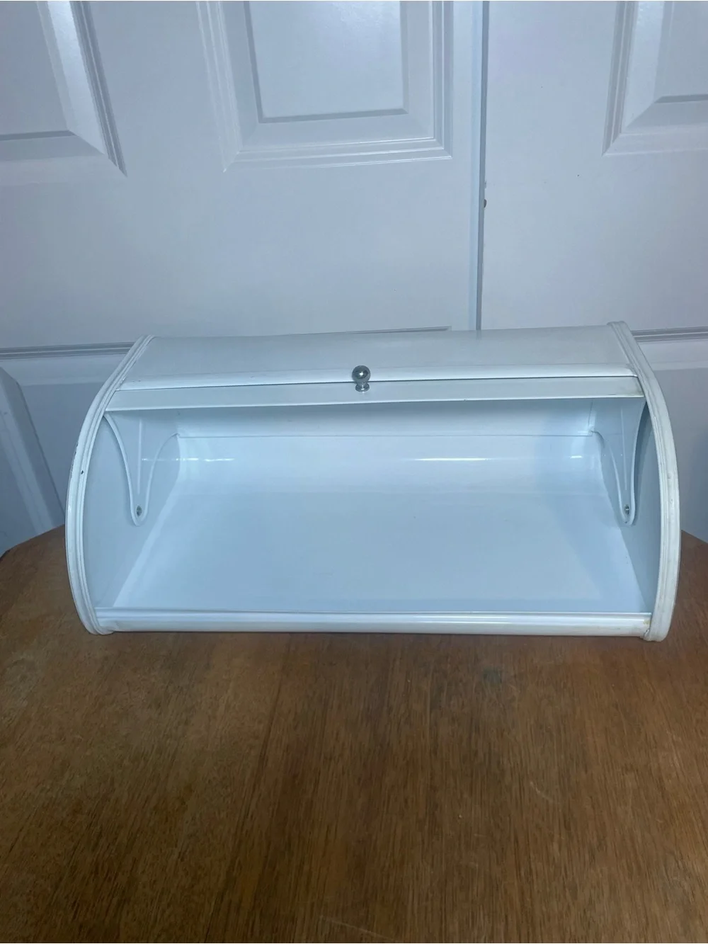 White Metal Roll Top Bread Box Blue Lettering Farmhouse Kitchen Storage